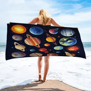 Dreamy Universe Planet Theme Beach Towel Pool Towel, Hand-Drawn Style Camping Towel, Soft and Absorbent, Reusable, Ideal for Astronomers and Kids