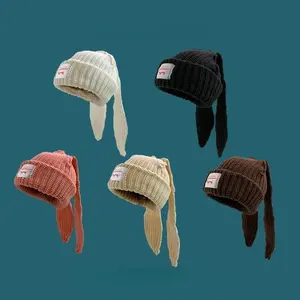Unisex Trendy Cute Rabbit Ear Winter Beanie Hat, Casual Soft Comfortable Warm Knit Hat for Fall & Winter, Fashion Crochet Skull Cap for Men Women