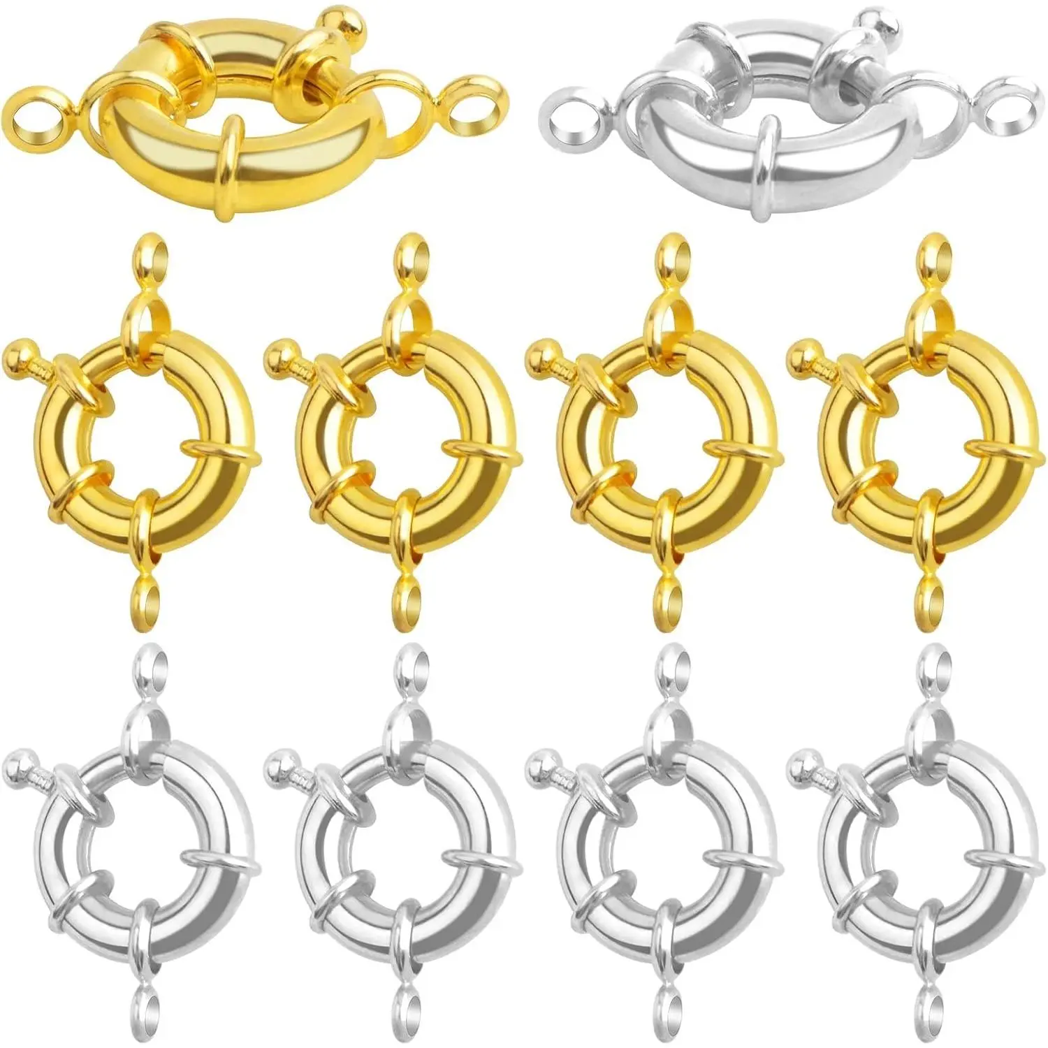 JMKTOOL 10 Pieces Brass Spring Ring Clasps, Round Close, 2 Colors (Golden, Silver), 15 x 25 mm, Hole: 2.5 mm, Nautical, Versatile Decorative, Jewelry Clasps