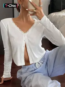 Women's V Neck Lace Patchwork Slim Fit Long Sleeve Button Cardigan, Spring & Fall Fashion Elegance, Casual Cute Design Style, Plain Pattern, All Seasons Wear Fitted Knitwear Womenswear Tops