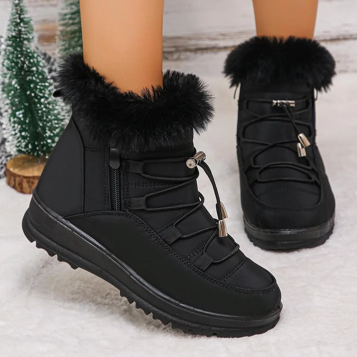 Women's Snow Boots, Faux Fur Lined Water-Resistant Ankle Booties with Side Zip, Warm and Casual Winter Shoes for Outdoor Walking, Shoe