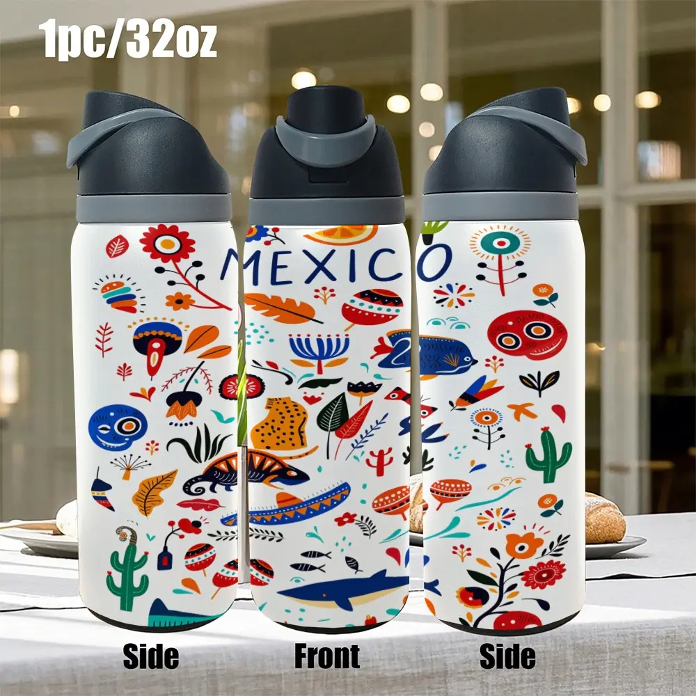 1pc 32oz Insulated Water Bottle with Flip Top Lid | Mexico Colorful Folk Art & Symbols Print | Stainless Steel Vacuum Travel Tumbler | Keep Drinks Hot & Cold | Perfect Mexican Heritage Gift for Men Women, Birthday & Cinco de Mayo