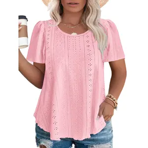 ROSRISS [1X-5X] Plus Size Tops for Women Summer Street Cute Eyelet Puff Short Sleeve Breathable july T Shirts Casual Crewneck Solid Color Tunics RPS2145 Blouse Womenswear