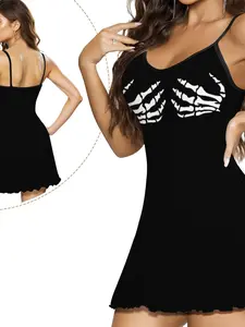 Women's Sleeveless Spaghetti Strap Sexy Nightgown with Skull Hand Print, Soft Elastic Fabric Loose Lounge Dress, Casual All Seasons Sleepwear Loungewear S-2xl