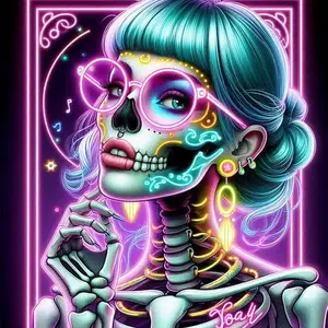 5D DIY Full Drill Round Diamond Painting - Diamond Art Kit, Diamond Painting Kits with Glowing Skeleton, Blue Hair, Earrings, Mosaic, Canvas, DIY Painting, Home Wall Decor, Valentine's Day, birthdays, gifts