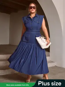 【Plus Size】 Denim-effect Print Pocket Button Dress, Casual Fashion Sleeveless A Line Dress for Daily Outdoor Wear, Women Plus Clothing for Summer