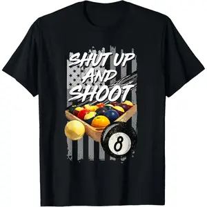 Casual Round Neck Shortsleeve Fashion Cotton Graphic Tees Streetwear Shut Up and Shoot Billiard 8 Ball Pool Player T-Shirt