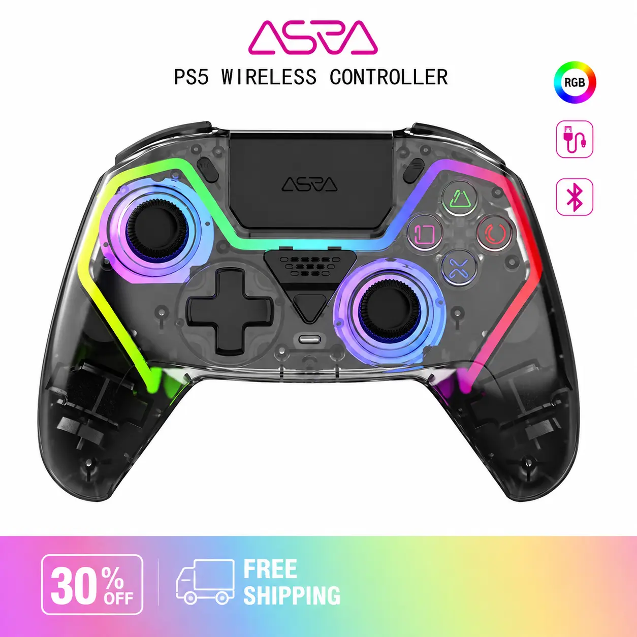 Wireless Hall Effect Gaming Controller - No Drift Joystick, Transparent RGB Lights Console Accessory for PS5, PC Steam, Android iOS with Stable Connection (Shell-Compatible)