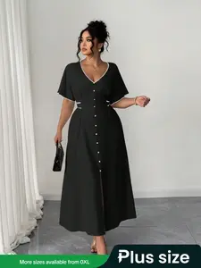 Plus Size Women's Woven Dress with Feather Pattern, Fitted All Seasons Dress, for Everyday Elegance