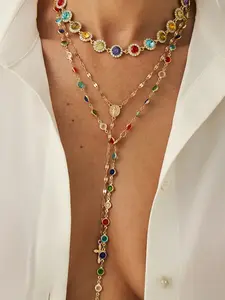 Women's Boho Style Alloy Chain Necklace Set, Stacking Necklace, Whimsical Necklace, Boho Chic Crystal, Colorful Crystal Pendant Jewelry for Women, Casual Daily Wear & Holiday Gift Ideas