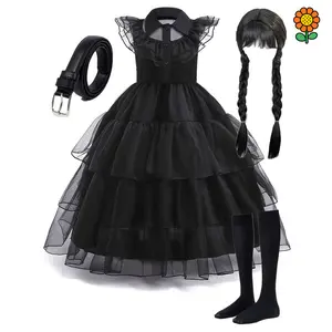DZP-3pcs Gothic Princess Tutu Dress Costume for Girls - Sleeveless Black Vampire Girl Outfit with Ruffled Detail, Includes Belt & Braided Wig - Perfect for Halloween & Carnival Parties, Halloween Costumes