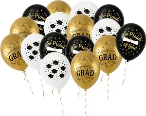 16 Pack Graduation Balloons Latex Set Black Gold White, 12in. Congrats Grad Party Decoration Supplies, So Proud of You Balloon Photo Backdrop Decor Helium or Air Fill Indoor Outdoor Celebration