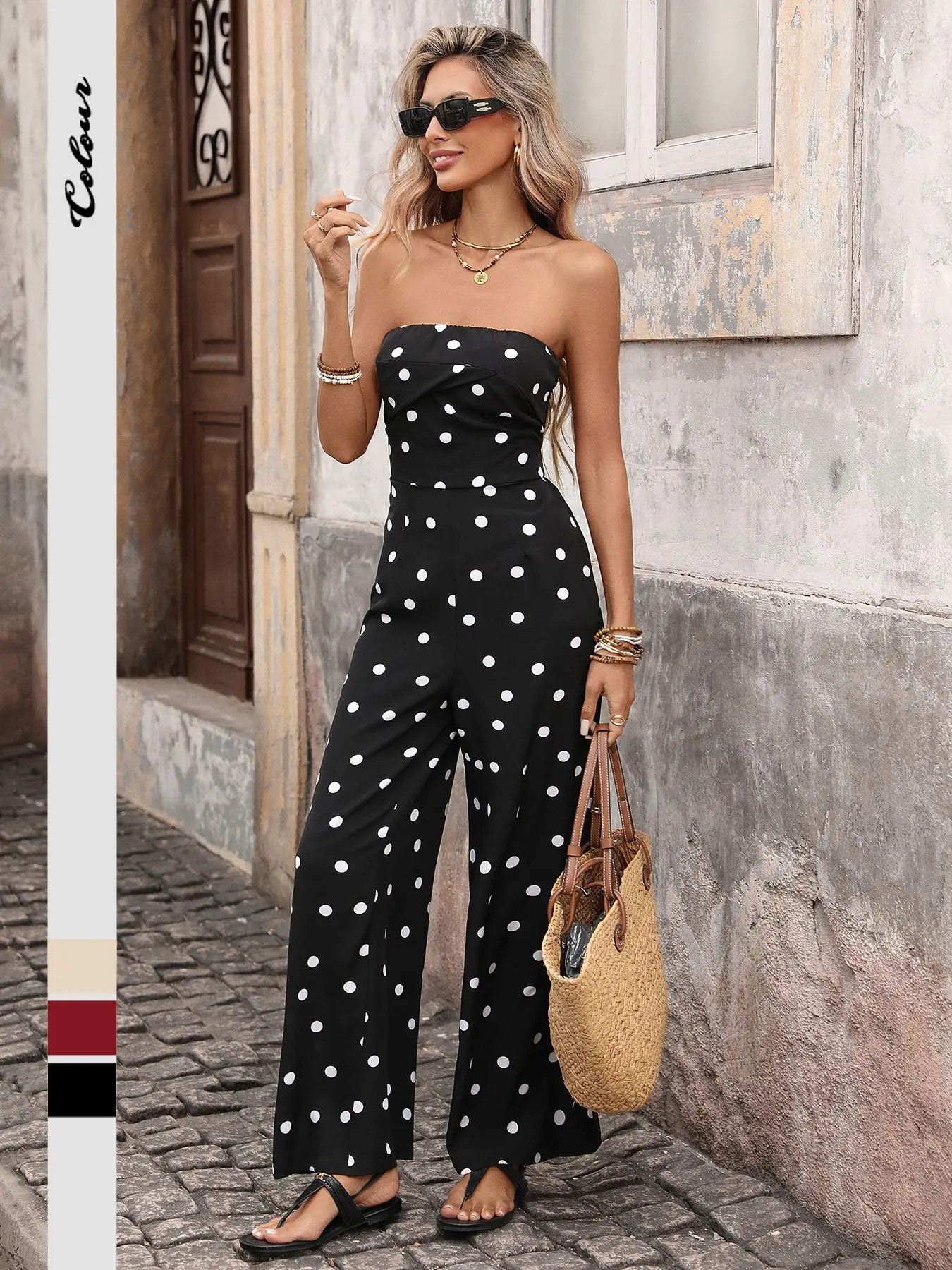 Women's Polka Dot Halter Top Wide Leg Jumpsuit, Womenswear Vintage French Style Elegance Slimming Fit One-Piece, Casual Summer Fashion Vibe Strapless
