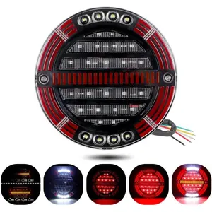 5.5 Inch Round LED Trailer Tail Lights, Red Brake Stop Running White DRL Reverse Lights Amber Sequential Turn Signal Lights For Truck Trailer Pickup RV Van Bus 4x4