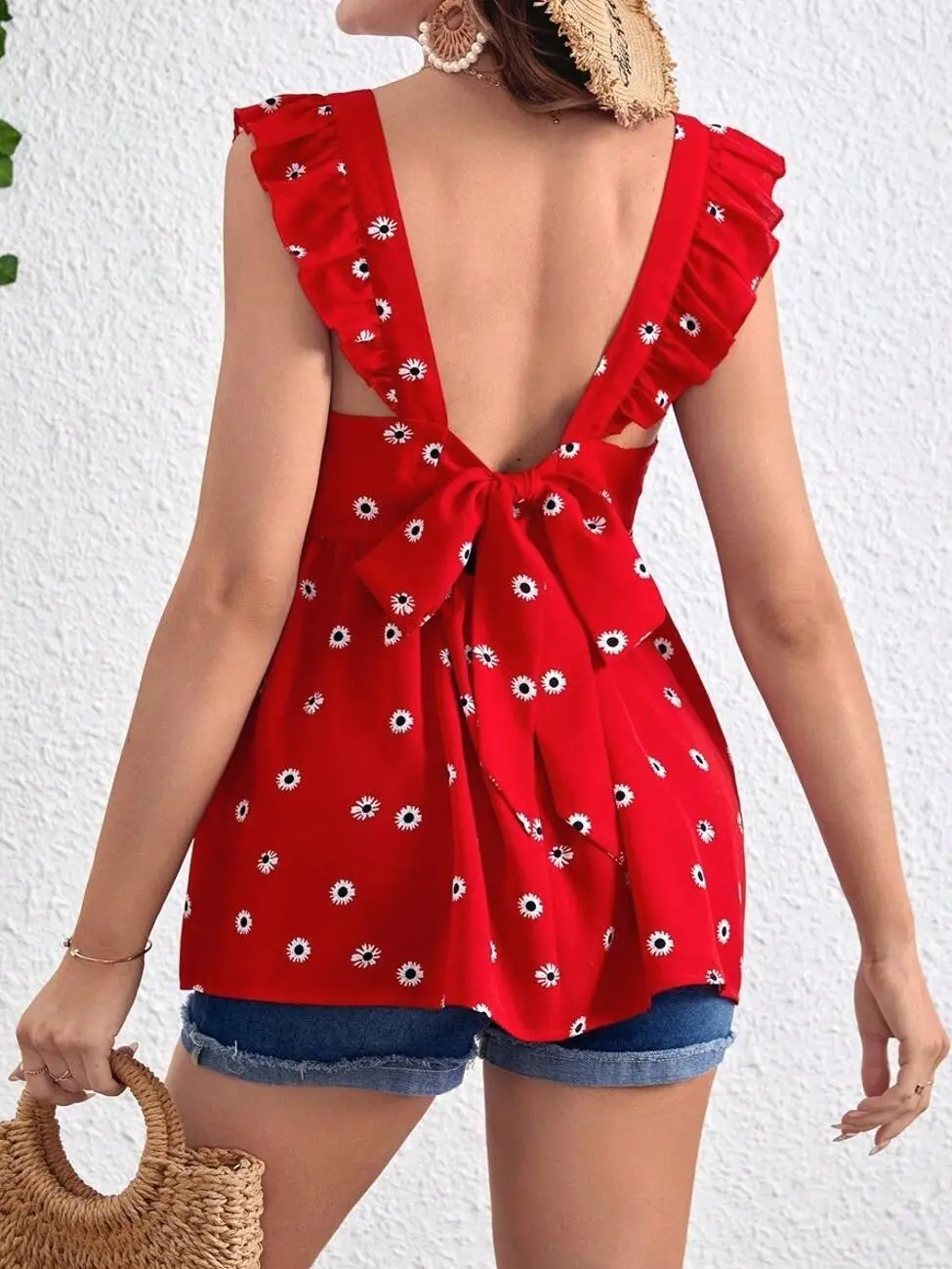 Maternity Daisy Print Blouse, Tie Back Flounce Sleeve Ruffle Hem Pregnancy Top