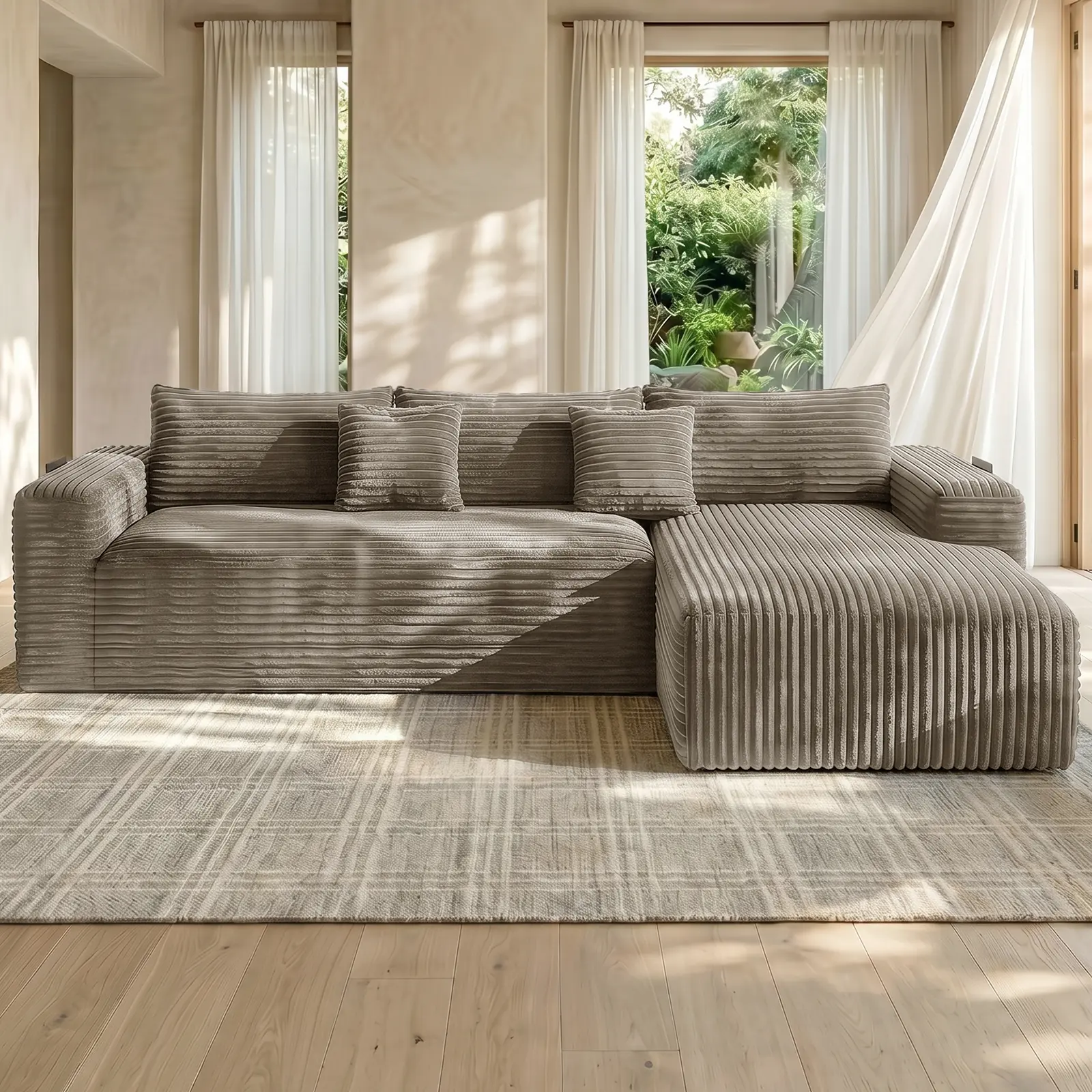 【Summerfinds】Joylsle  Black/Gray/Beige/Khaki 103“ Modern Corduroy Modular Sectional Sofa, Flexible L-Shaped Couch Convertible to Daybed for Movie Night, 2 Packages, Includes 1 Reversible Chaise & 2 Accent Pillows, Dark Blue, Modern Upholstered Sofas, Cord