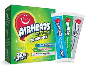 Airheads Xtreme Singles To Go! Drink Mix 30ct Variety Pack, Zero Sugar, Low Calorie, Sweet & Sour Powder Drink Mix Packets, Blue Raspberry, Rainbow Berry, White Mystery, 30 Count