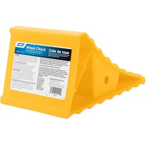 Camco Standard Wheel Chock for Trailers & RVs Heavy Duty Durable Plastic UV Resistant 44412 Yellow Chock Block for Tires Up to 26-inches