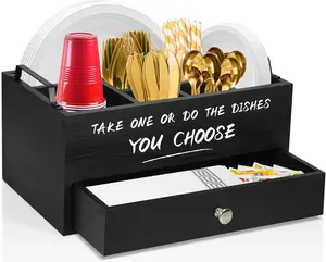 NEW Paper Plate Dispenser with Drawer for Kitchen Countertop, Wooden Paper Plate Holder with Large Cup Holder, Rustic Wood Silverware Caddy Holder for Cutlery, Party, Paper Plate Organizer (Black-Drawer)