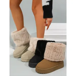 Women's Fuzzy Boots, Solid Color, Flat Sole, Plush Lined, Winter Snow Boots, Comfortable Warm Shoes for Cold Weather