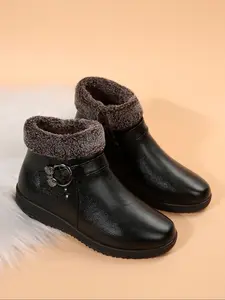Women's Faux Fur Trimmed Ankle Boots, Warm Non-Slip Winter Shoes with Metal Buckle, Versatile Fashion Footwear for Cold Weather, Fluffy Snow Boots