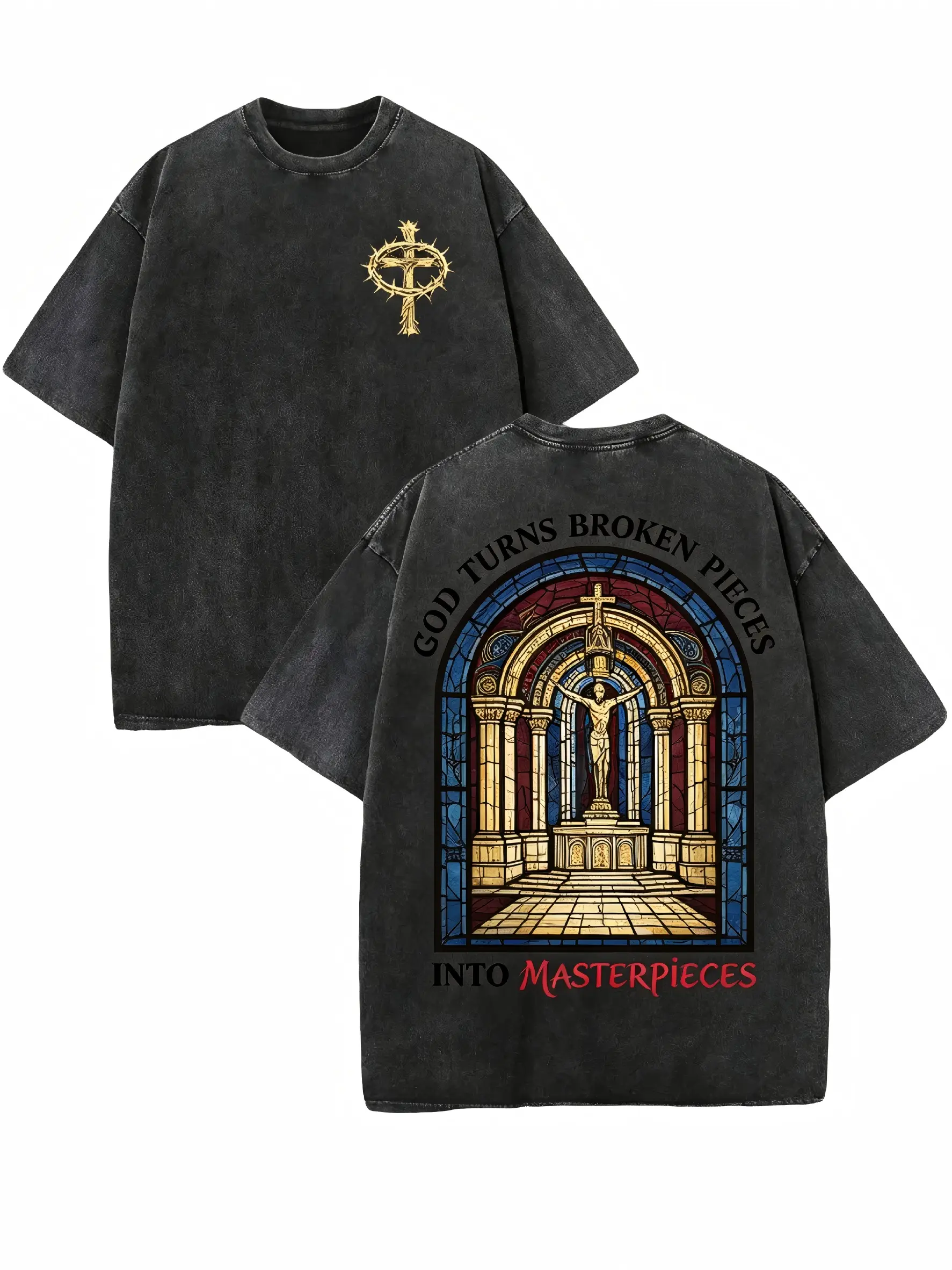 Vintage Acid Washed Black Christian  with God Turns Broken Pieces Into Masterpieces Quote, Cathedral Stained Glass Crucifixion Print, Grunge Shirt good graphic tees