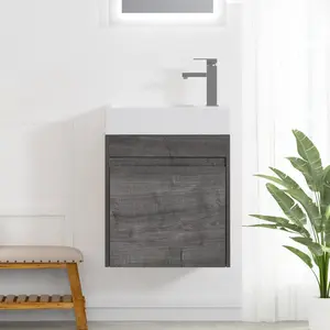 ExBrite 18 Floating Vanity: 18'' Floating Wall-Mounted Bathroom Vanity with White Resin Sink & Soft-Close Cabinet Door