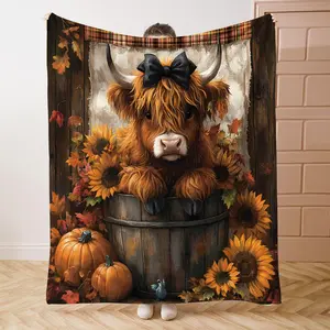 Highland Cow Pattern Flannel Blanket, 1 Count Modern Style Soft Comfortable Throw, Cool Bedroom Bedding Blankets for Home Office Travel Camping