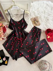 Women's 3-Piece Printed Pajama Set, Round Neck Heart Print Fitted Tank Top, Short Pants, Long Pants, Comfortable Sleepwear Loungewear for All Seasons Pjs Pyjamas Womenswear