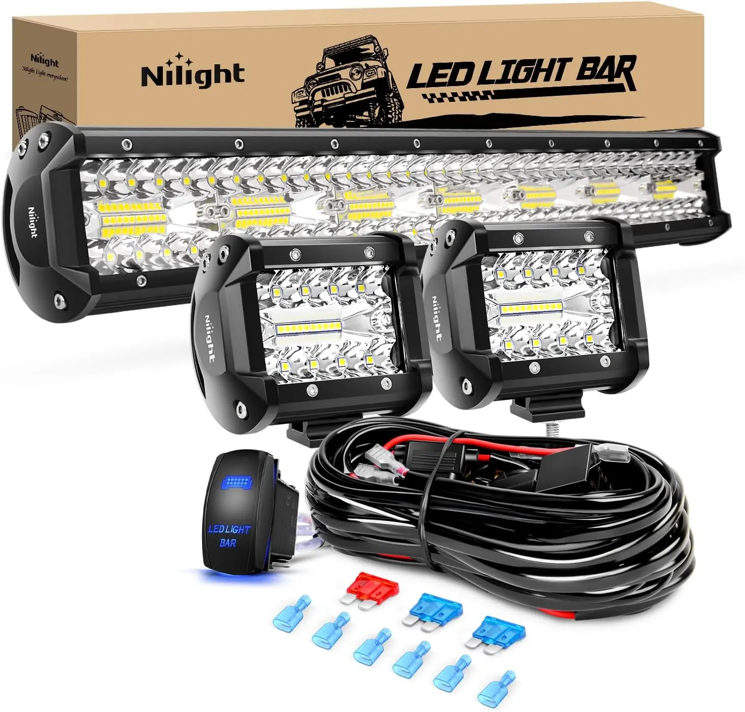 Nilight Aluminum LED Light Bar Kit - 20-in 420W Waterproof Triple Row Spot-Flood Combo, 2 Pcs 4-in 60W Flood Pods, 16AWG Included Harness, Off-Road Truck Driving Fog Lights, Driving Light Strip, -40~85 Degrees Celsius