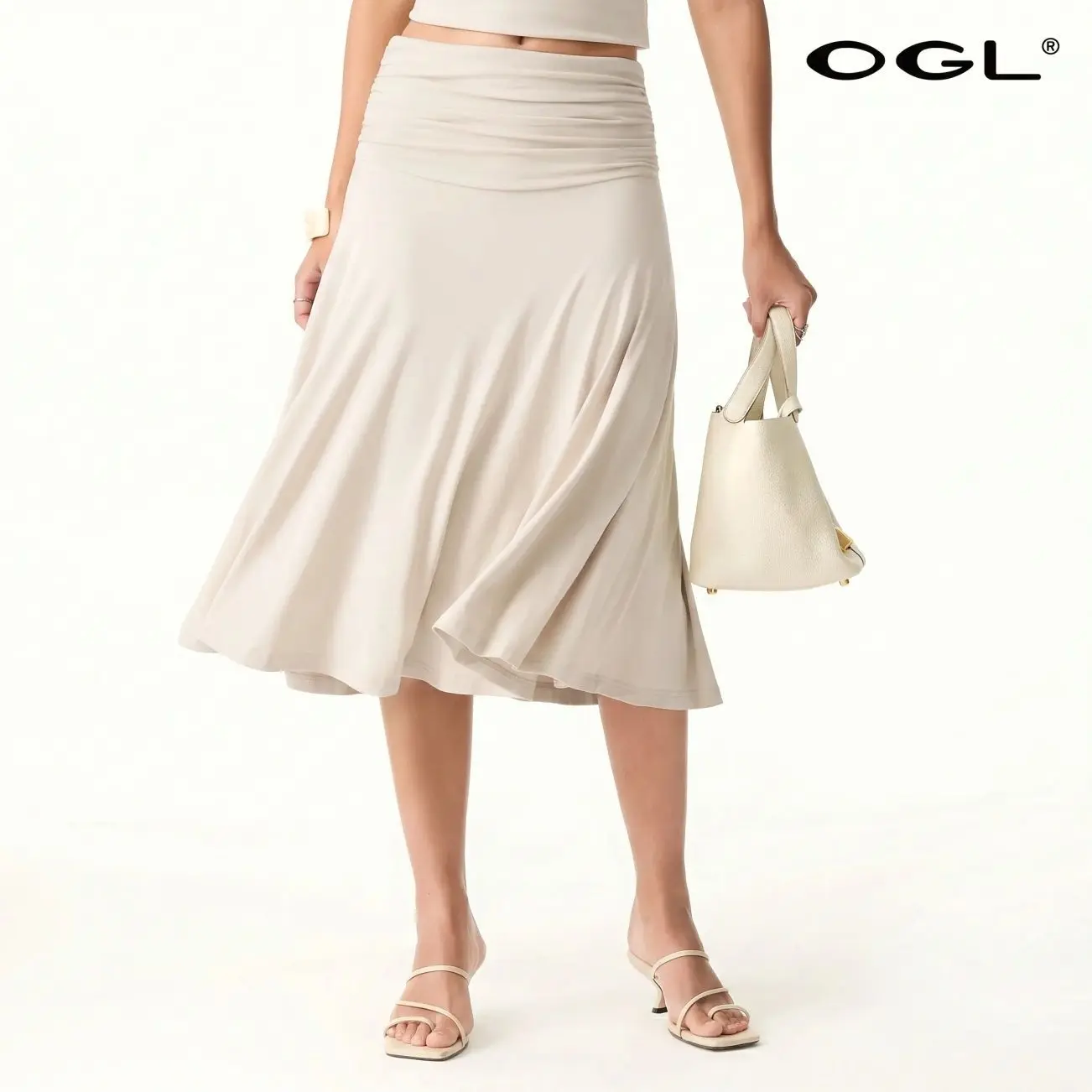 OGL Flowy Side Ruched A-line Midi Skirt - High Stretch, Pear Shaped & Hourglass Friendly Women's Skirt thunder thigh skirt