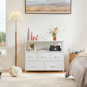 Dresser For Bedroom Chest Tower With Easy Pull Fabric Bins, Stand Organizer Storage For Living Room Closet Hallway, Wooden Top Sturdy Steel Frame drawer