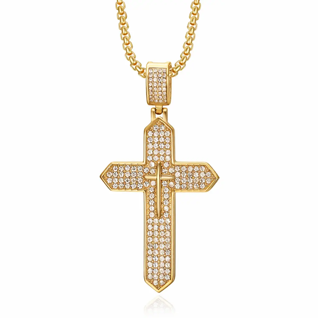 Sovereign Ice Cross Pendant Necklace – 70mm Large Iced Out Chain for Men | Gold & Silver Statement Jewelry