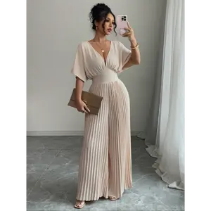 Women'S Solid Deep V-Neck Bat Wing Pleat Elegant Jumpsuit Fabric Spandex Womenswear Overalls Pleated Polyester Apricot Batwing Chic Shortsleeve