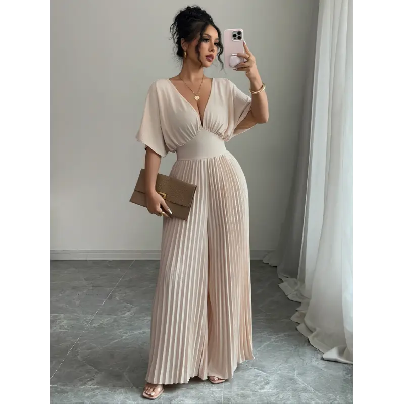 Women'S Solid Deep V-Neck Bat Wing Pleat Elegant Jumpsuit Fabric Spandex Womenswear Overalls Pleated Polyester Apricot Batwing Chic Shortsleeve