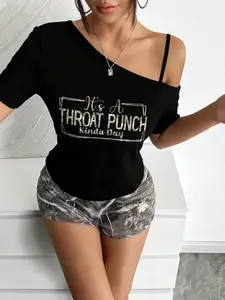 Summer American Style Casual Shoulderless Womenswear Women's Set, Fitted Clothing Set, Lady Letter Print Top & Camo Shorts Two-Piece, High Waist Slim Fit, Camouflage Outfit