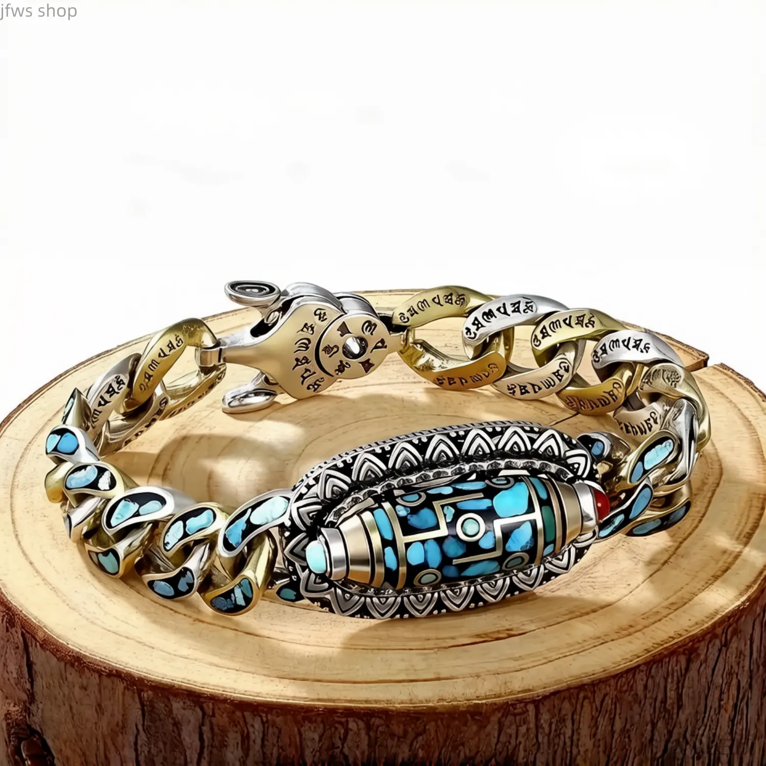 Exquisite Tibetan-Style 6-Syllable Mantra 9-Eyed Dzi Bead Exquisite Bracelet with Turquoise Inlay, Good Luck Amulet DIY Bag Accessory for Meditation, Daily Use