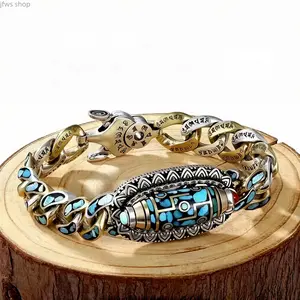 Tibetan Style Six Syllable Mantra Nine Eyed Dzi Bead Bracelet Turquoise Inlaid Good Luck Amulet Jewelry for Meditation Daily Wear