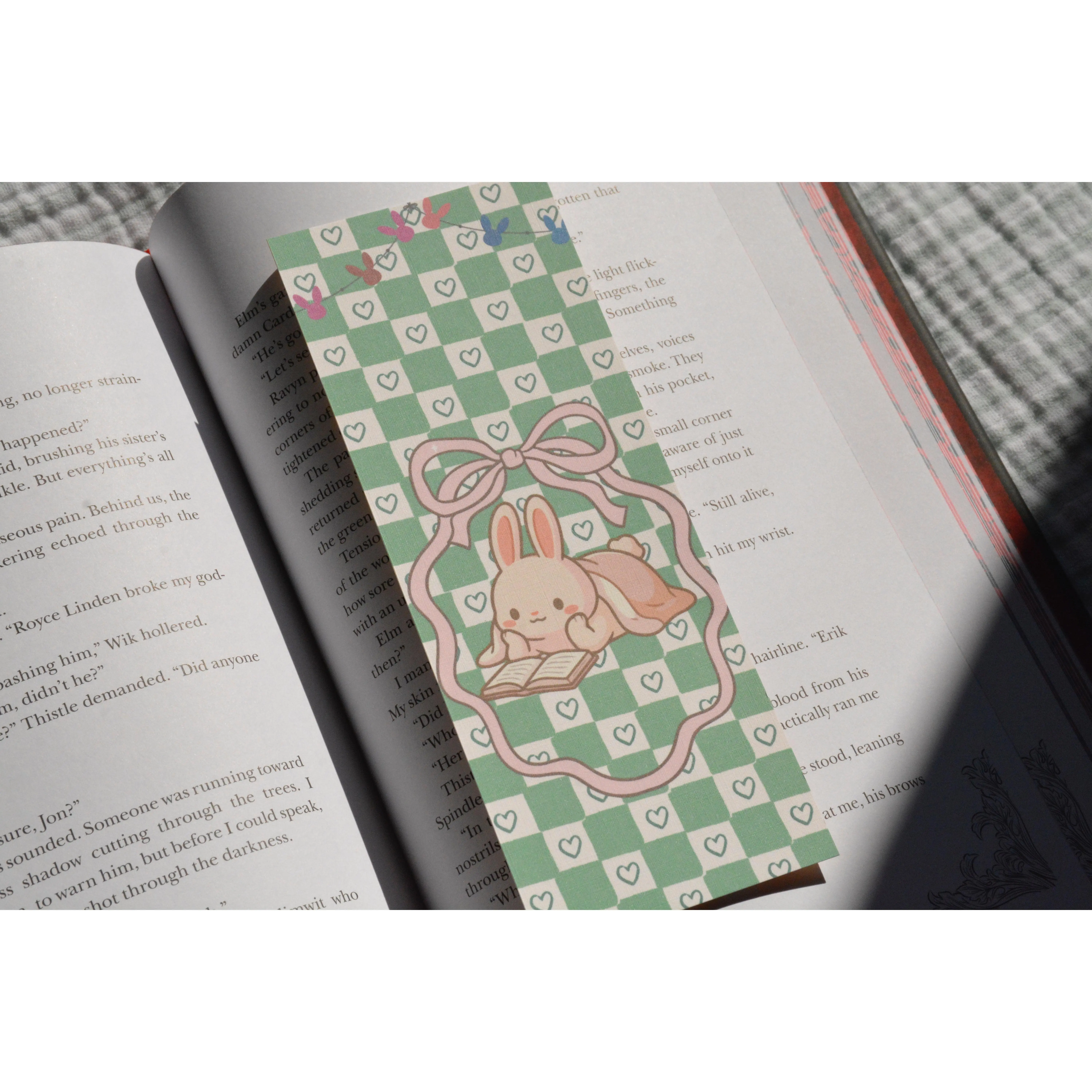 Reading Bunny Linen Bookmark | Cute Book Lover Bookmark | Double-Sided Oversized Bookmark