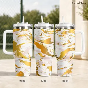 GuLuBoo Abstract Golden Marble Pattern Design 40oz Insulated Tumbler Stainless Steel Vacuum Flasks -Leak-Resistant Heat-Insulated Handle Travel Mug with Straw, Portable Water Bottles for Camping, Gym& Office, Ideal Holiday Gift