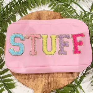 Alphabet Embroidery Patch Nylon Cosmetic Bag - "STUFF"