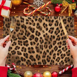 1pc/4pcs/6pcLeopard Pattern Placemat, 12x18 inch Linen Rectangular Table Mat, Gold Leopard Print with Polka Dot Print Tablemat, Animal Pattern Table Decoration, Suitable for Festive Family Dining Room, Table Decoration, Party, Camping Decoration Table Mat