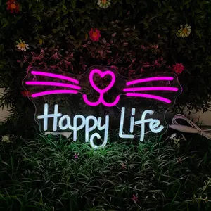 Happy Life Neon Sign, USB Powered LED Neon Light, Wall Mounted Home Lighting Decoration Lamp, Decorative Neon Sign for Home Bedroom Party