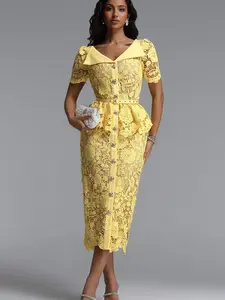 BellaBarnett Quinn Elegant Cinched Short Sleeve Floral Lace Maxi Dress