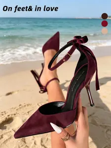 2026 Summer Women's Faux Suede Pointed Toe Ankle Strap Heels, Back Bow Detail D'Orsay Stiletto Pumps, 3 Colors Elegant Versatile Party Date Office Shoes Comfortable elegant women shoes for outdoor wear, versatile for party, dating and commuting
