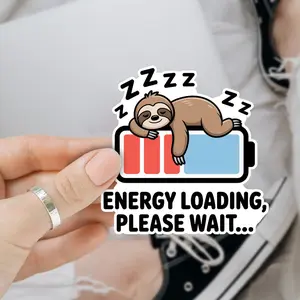 Funny Sloth Energy Loading Please Wait 3 inches Sticker, Waterproof Sticker for Laptop Water Bottle Book