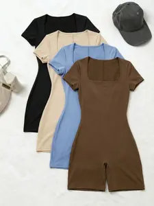 Women's Casual Jumpsuit Set, Womenswear Spring Summer Fashion Plain Basic Short Sleeve, Slim Fit All-Season Wear, Perfect Inner & Outer Layer