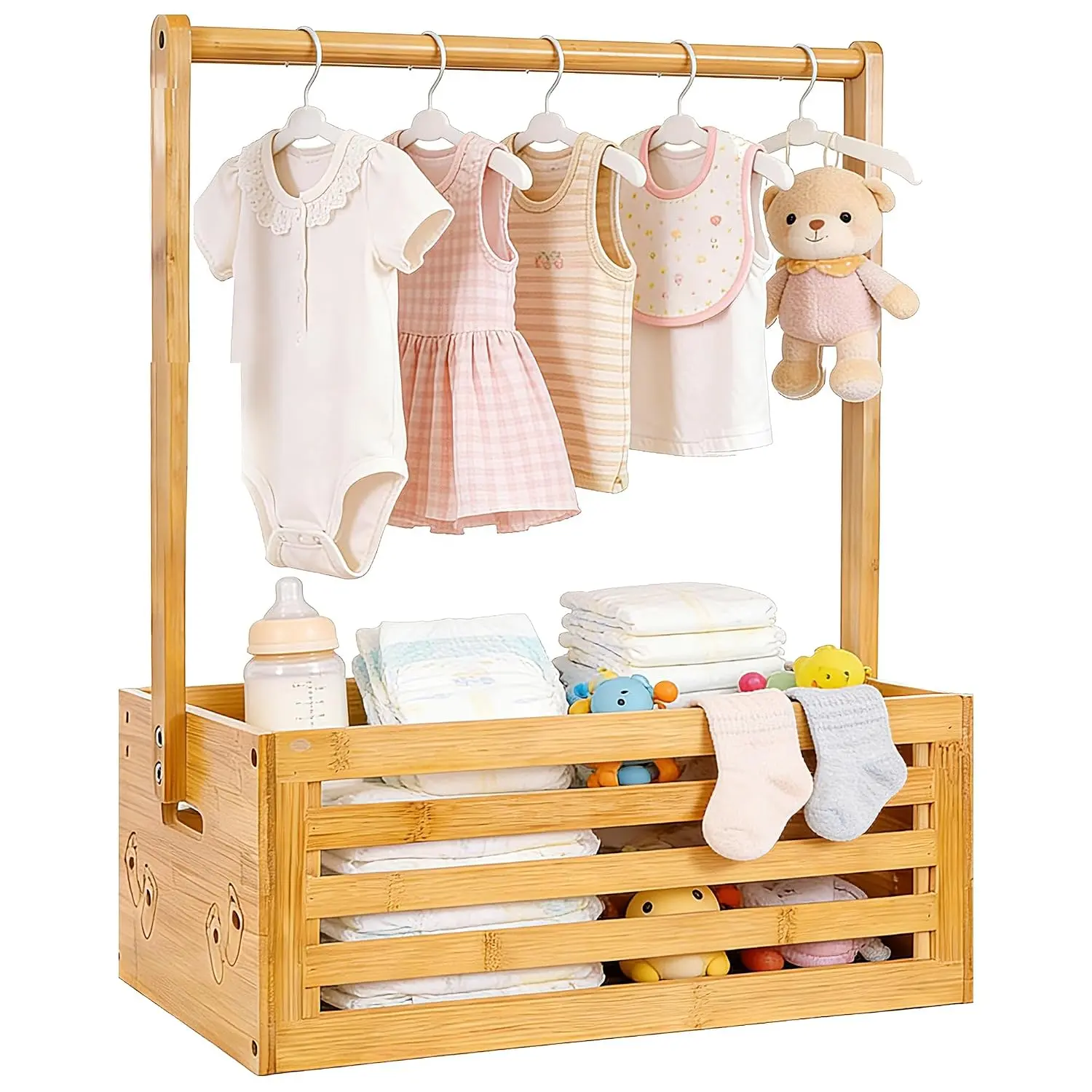 Baby Shower Crate Closet, Foldable Storage Organizer | 2-in-1 bamboo organizer with 16.02 x 11.02 x 6.3 basket, 21.85 overall height, and two clothes-bar positions