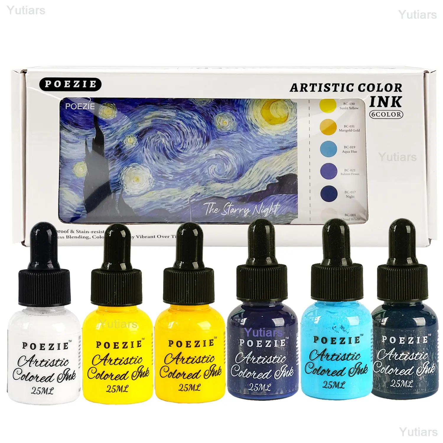 6 Colors 25ML Acrylic Drawing Ink Bottle with Dropper, High Pigment Quick Dry Permanent Ink for Artists, Ideal for Airbrush, Pouring Art, Scrapbooking