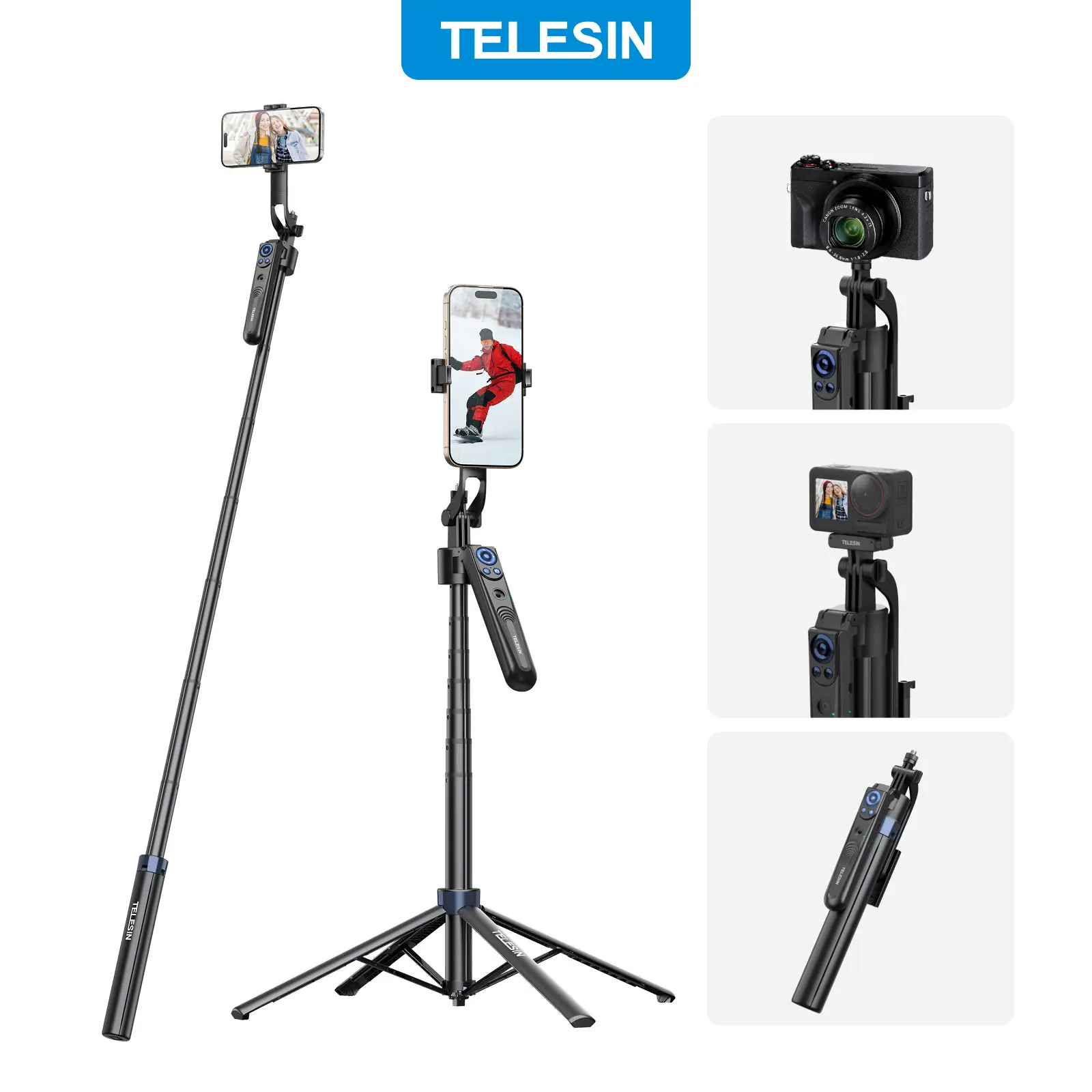 TELESIN 70" AI Face Recognition & Auto Tracking Selfie Stick Tripod with 360° Rotation, Smart Phone Stand for Recording, Vlogging, Live Streaming, Compatible with iPhone Android & Action Cameras, Compatible with iPhone 17